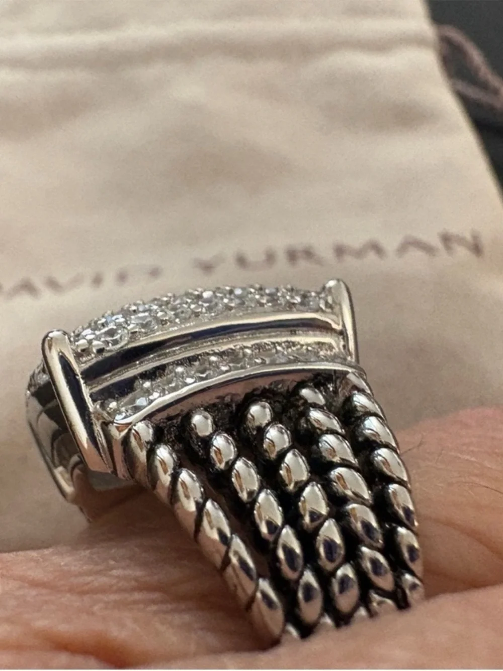 David Yurman Silver Pavé Diamond Cushion Ring
